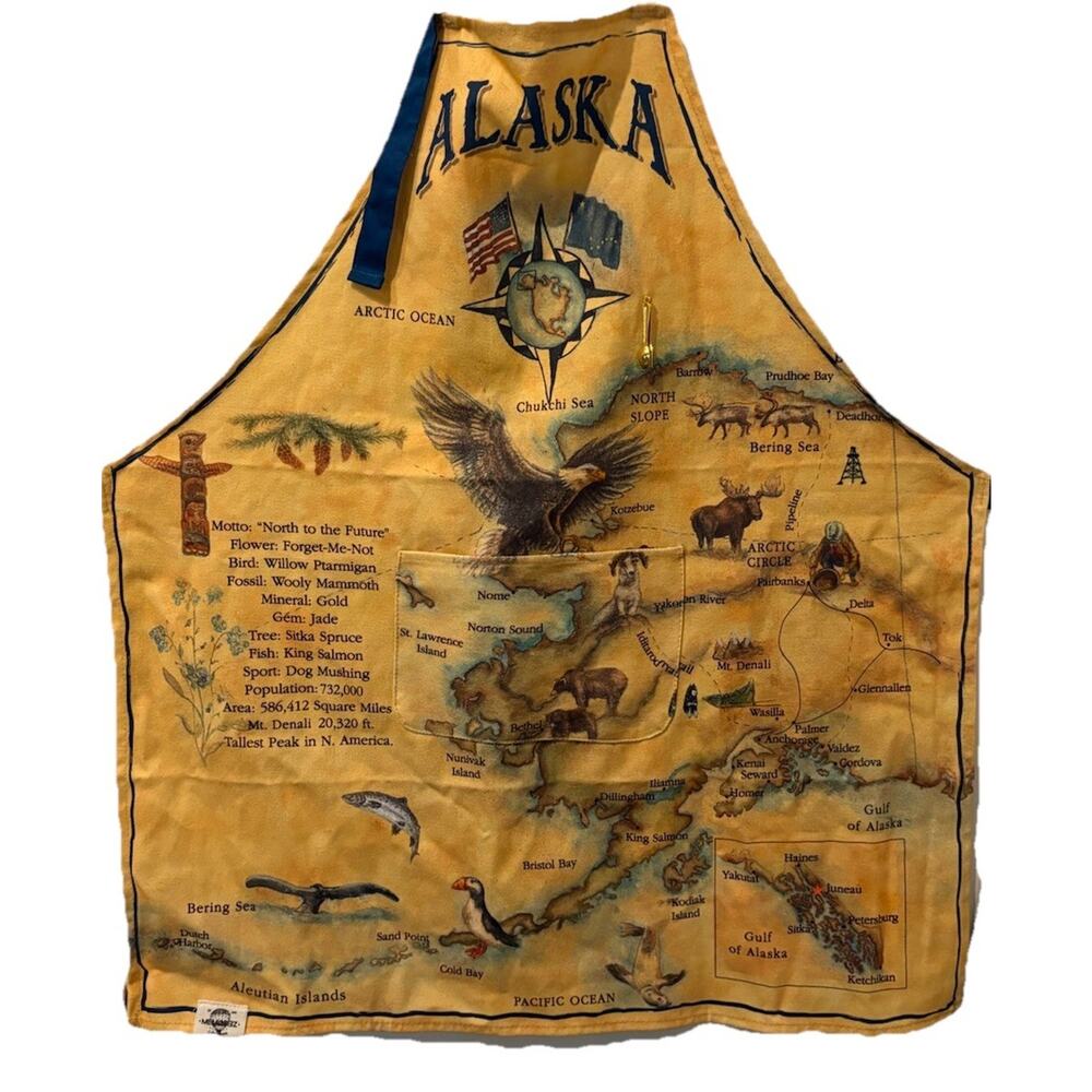 Alaska Apron 100% Cotton Alaska Map -Animals & Words Adjustable-Pocket